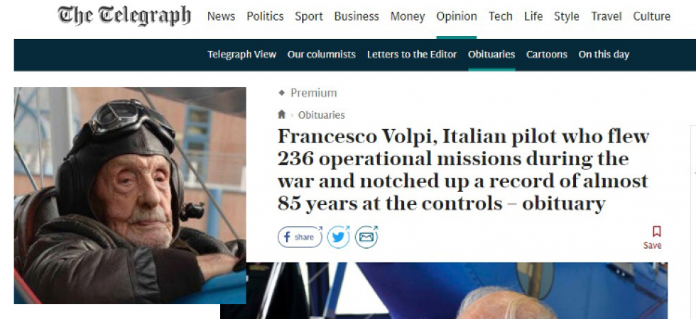 The Telegraph celebra Francesco Volpi, il comandante trentino da record che volò fino a 104 anni